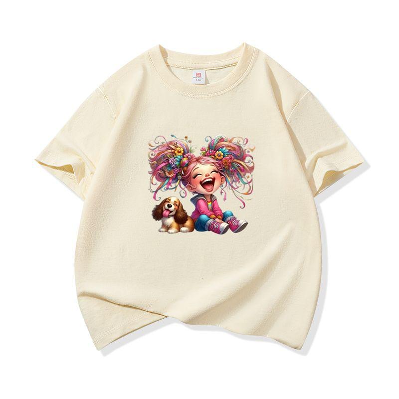 Kids Cotton T Shirt Rainbow Hair Laughing Girl Sitting With Puppy Print Crew Neck Short Sleeve Tee Casual Boys Girls Summer Tops