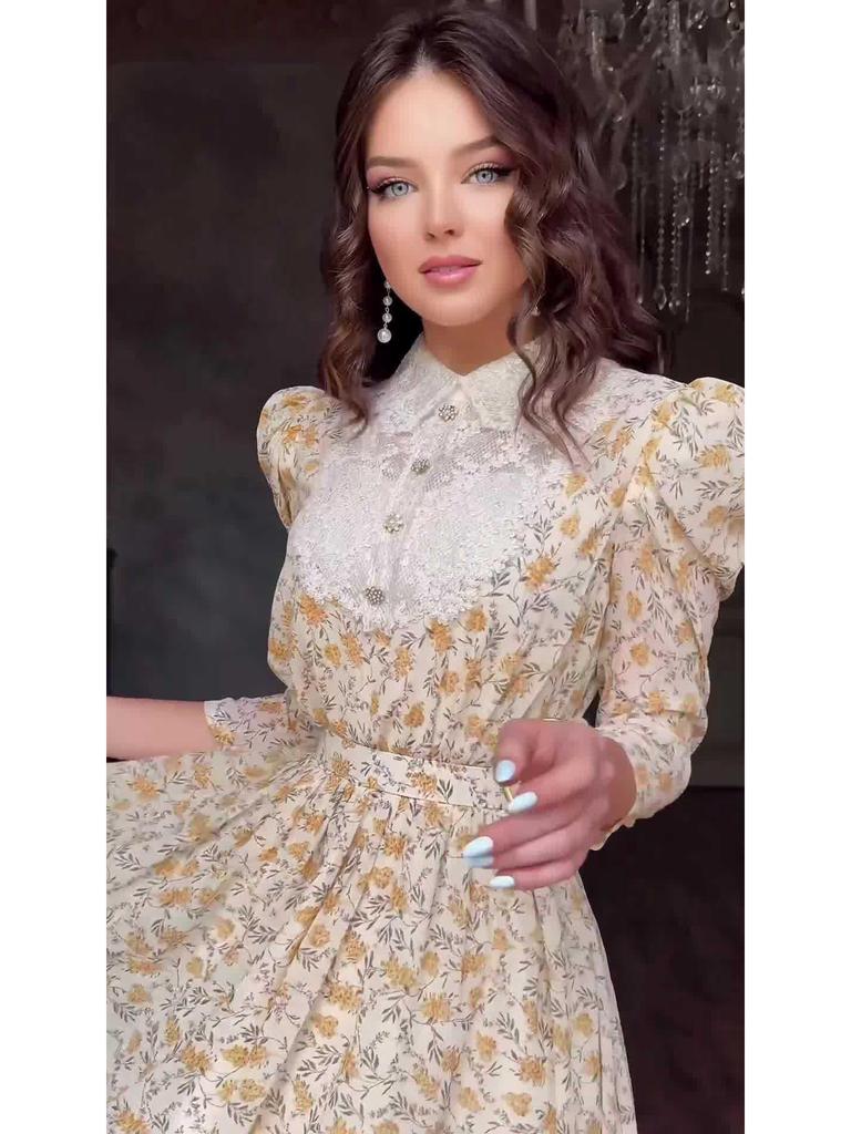 2024 Floral Lace Lapel Slim Fit Dress with Doll Collar