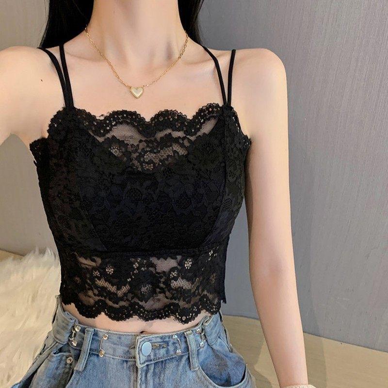 Sexy Floral Lace Camisole with Padded Bra for Women Thin Backless Tube-top No Underwire Bra