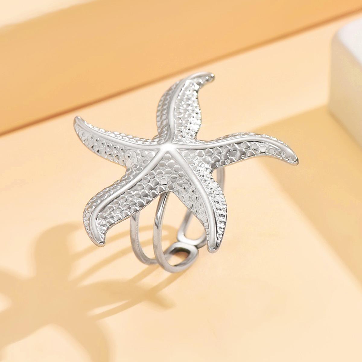 Ocean Series Adjustable Starfish Stainless Steel Ring - Romantic Holiday Style for Women