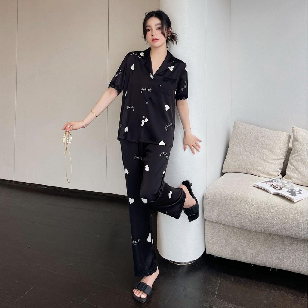 Light Luxury Spring and Autumn Summer Ice Silk Pajamas Women's Long-sleeved Two-piece Set Sweet and Cute Love Set Loungewear Premium