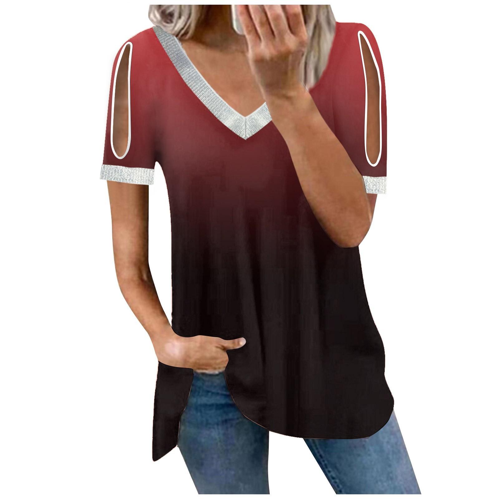 

Women s Summer Loose T-shirt Gradient Color Printed Casual V-neck Sequin Short-sleeved Top XL червоний
