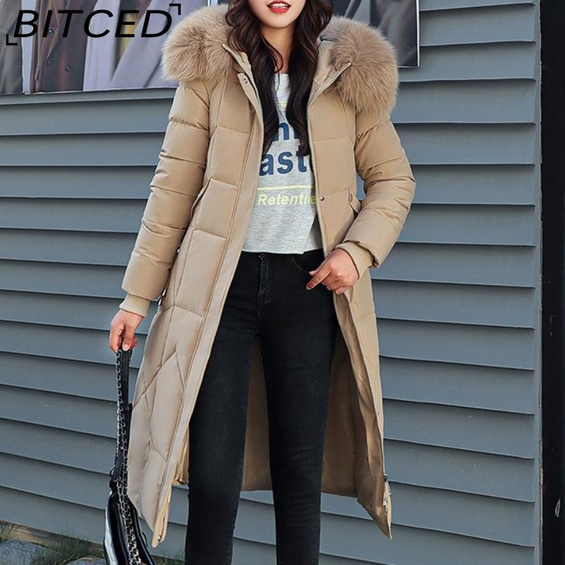 BITCED Winter Fashion Plus Size Cotton Coat for Women Long Waist-cinched Knee-length Thickened Coat with Large Fur Collar