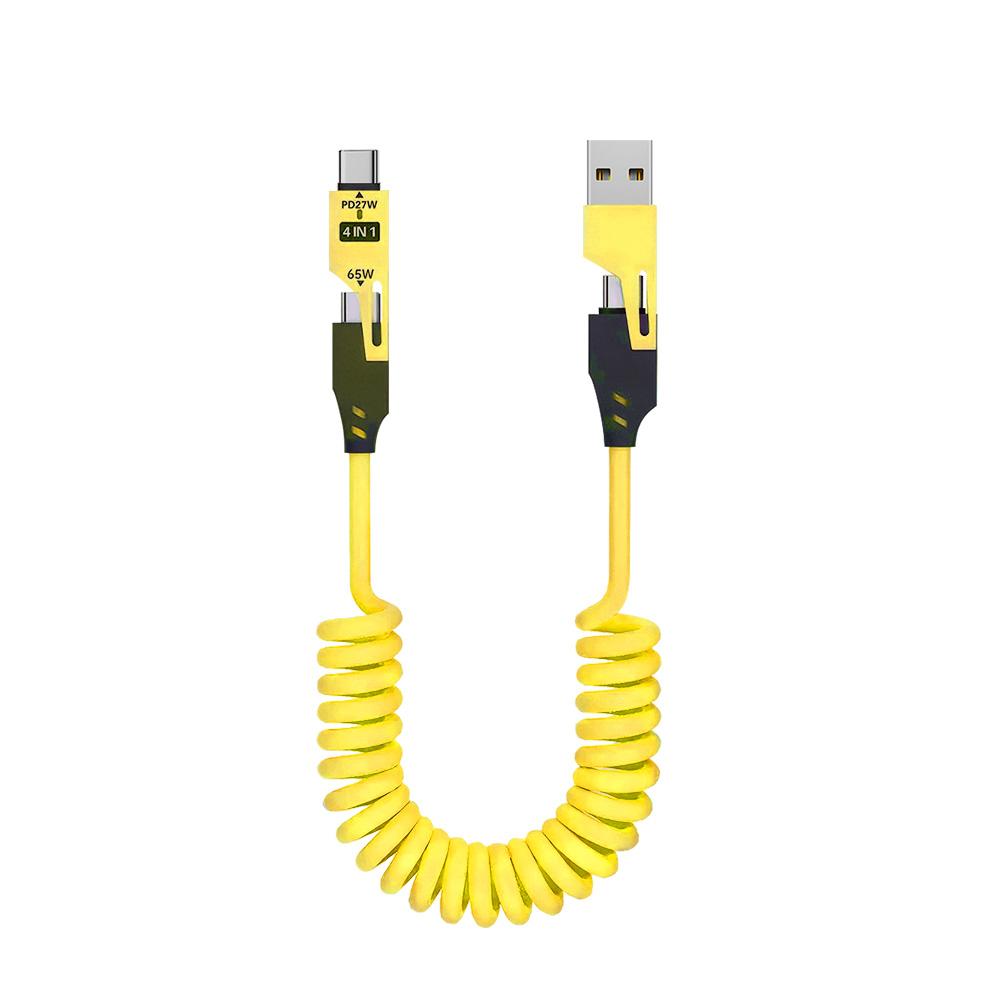 65 W 27 W PD Schnellladung 4-in-1 USB auf Typ-C auf Typ-C auf iOS 8-Pin Gewickelt Einziehbarer USB-Ladekabel für Telefon Auto Lautsprecher