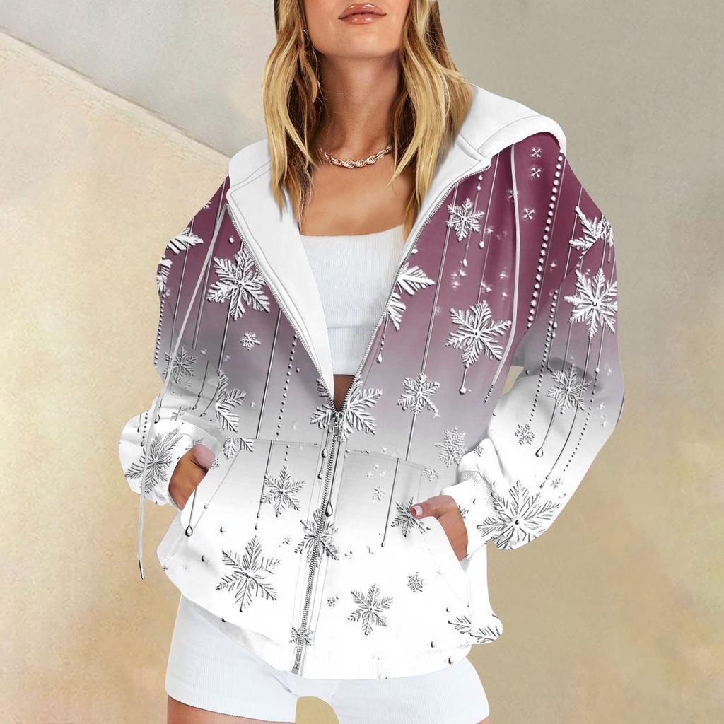 Damenmode Casual Weihnachtsdruck Sweatshirt Herbst Winter Langarm Cardigan Jacke Mit Tasche Reißverschluss Hoodie Jacke