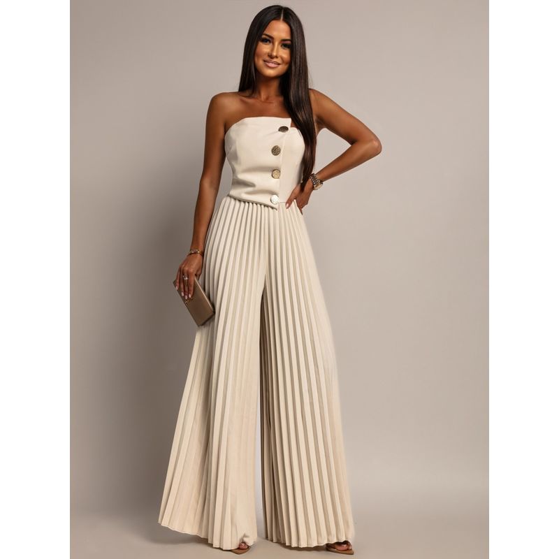 

European and American Summer Sexy Tube Top Button Super Tube Top Jumpsuit Gyaru Trousers Strapless Jumpsuit Apricot color XL