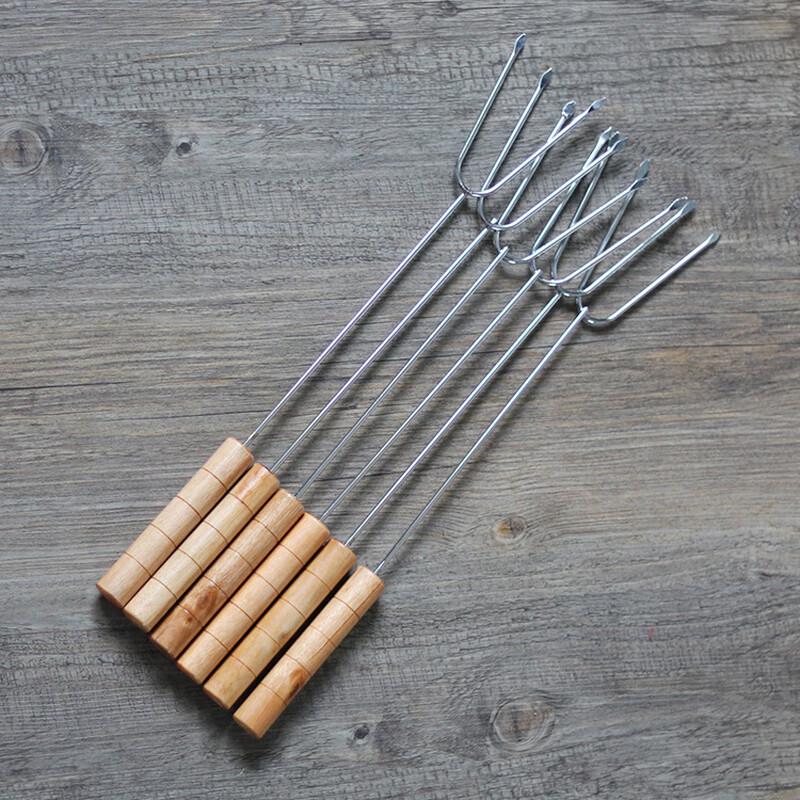 ZISIZ Wooden Handle Stainless Steel BBQ U-Fork