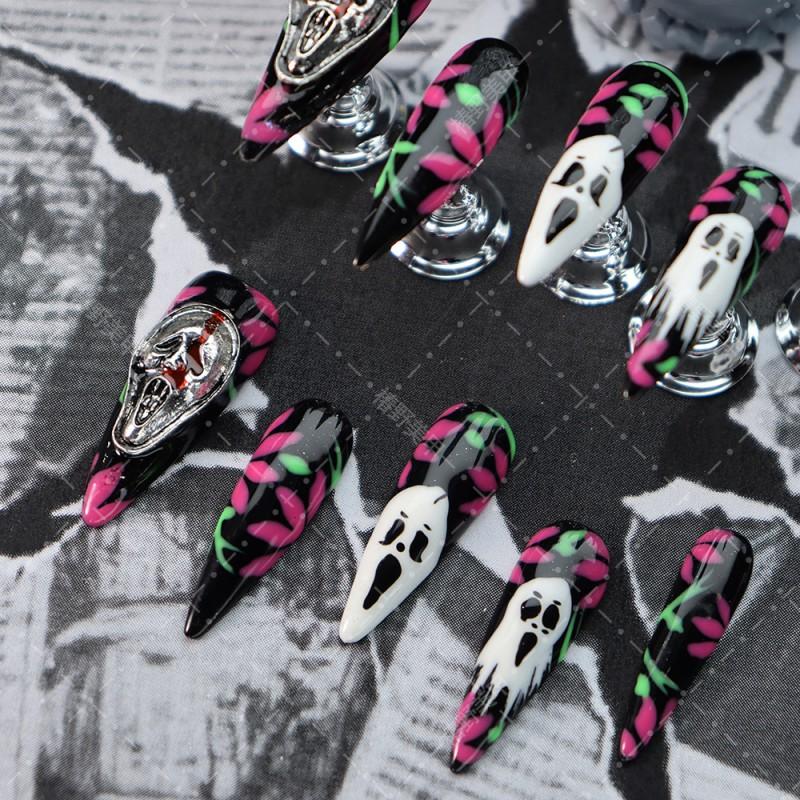 Press On Nails Women Ins Style Halloween Ghost Face Green Vine Red Leaf Dark Horror Design Acrylic False