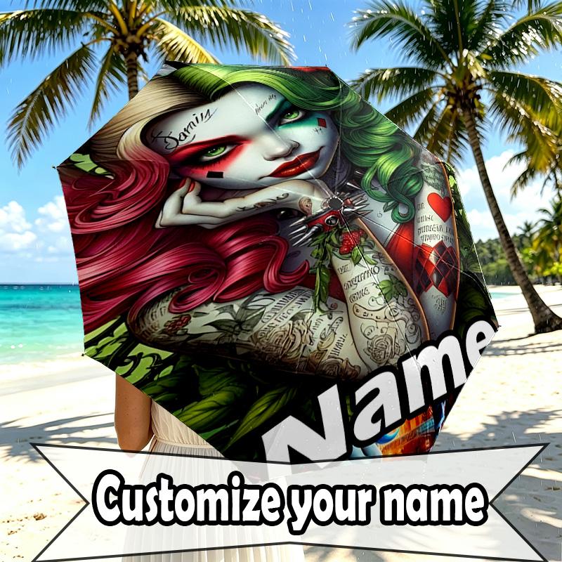 Custom Name Personalized Harley Quinn Joker Print Umbrella, Auto Open Close, 8‑Rib Sturdy Frame, Commute Camping Hiking Use, Birthday Gift