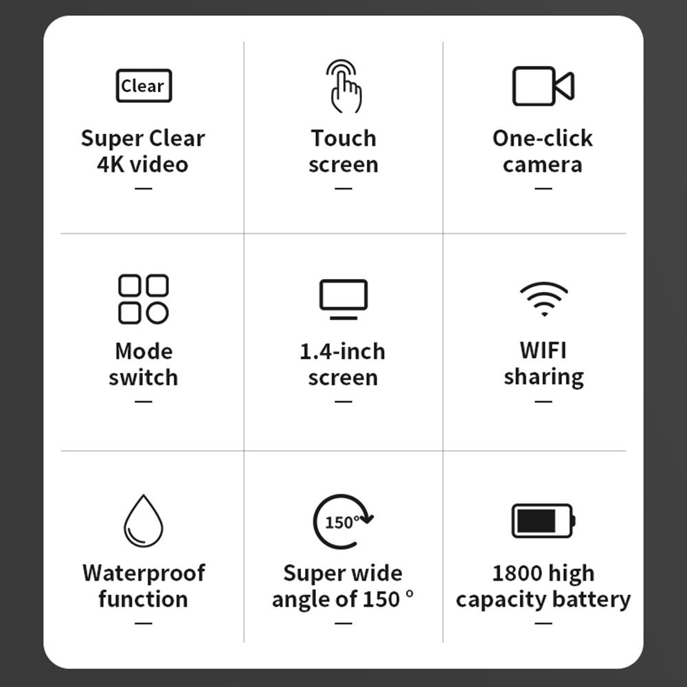 4K Actionkamera WiFi Sportkamera 150 graders vidvinkelobjektiv 1,4 tums pekskärm Anti-skak