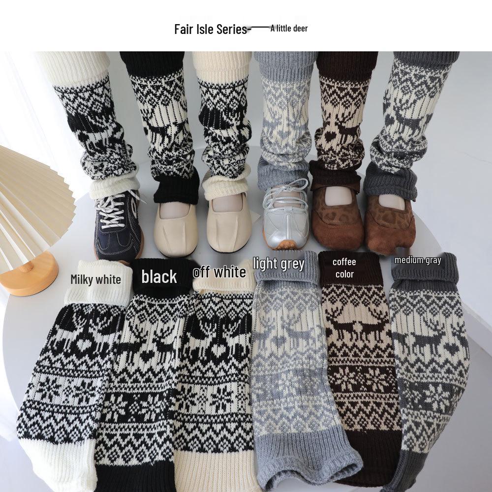 Fair Isle Vintage Knit Reindeer Leg Warmers - Grey, Cream, & White Women's Calf Socks