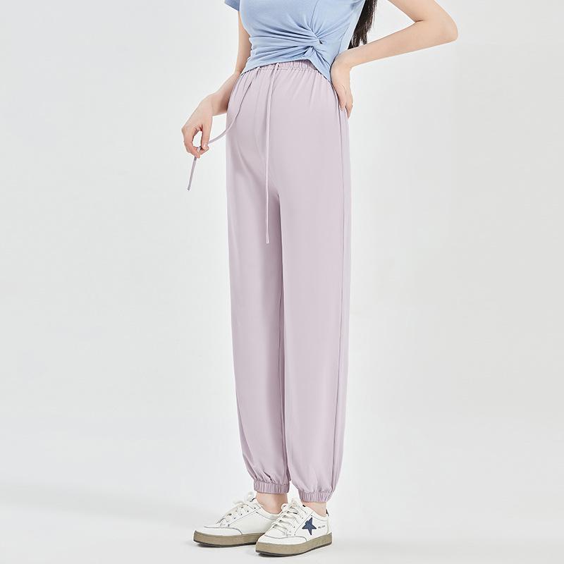 Summer Maternity Ice Silk Joggers - Quick-Dry, Lightweight, Cropped Sports Pants with Drawstring.