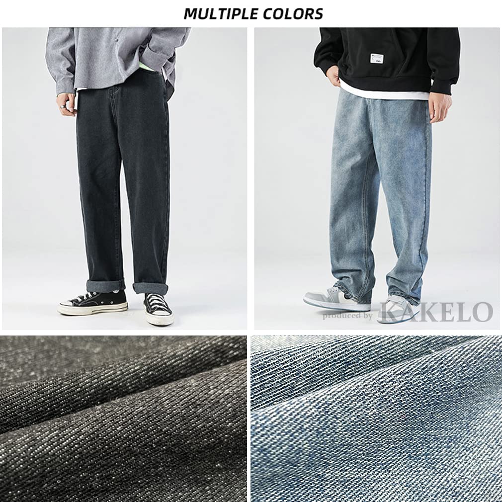 KAKELO Men's Wide Denim Jeans, Loose Fit, Easy Fit (02.Black, Size M)