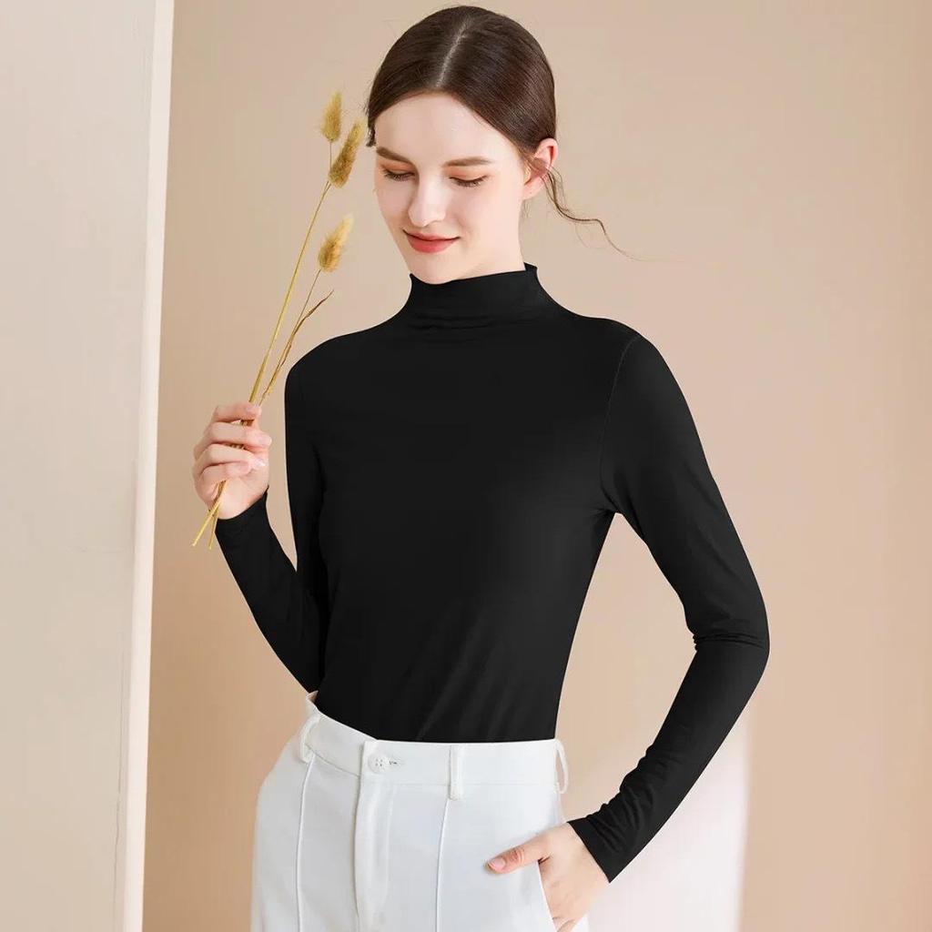 Women's Modal Black Semi-High Neck Slimming Long Sleeve T-Shirt for Autumn Winter Wear