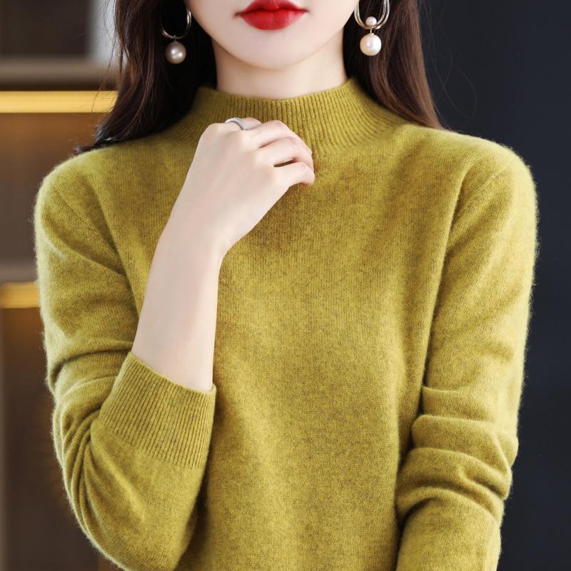 Women's 100% Wool Seamless Pullover Sweater: Autumn/Winter Half-High Neck Base Layer