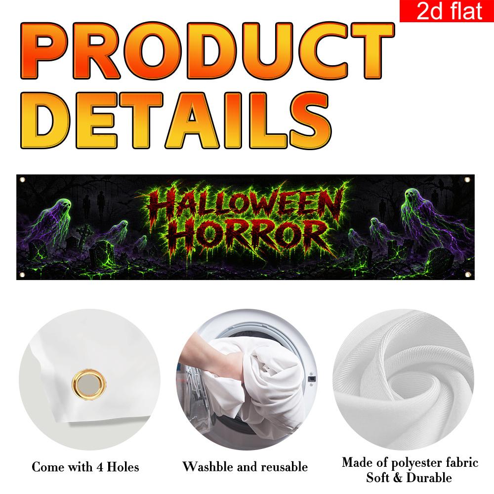 Halloween Yard Sign Party Banner, Spooky Cemetery Pattern, Polyester Outdoor Garden Courtyard Fence Decoration