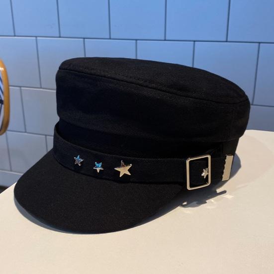 Women Extended Brim Beret Hat Flat Dome Star Decor Adjustable Newsboy Hat Outdoor Solid Color Painter Hat Streetwear