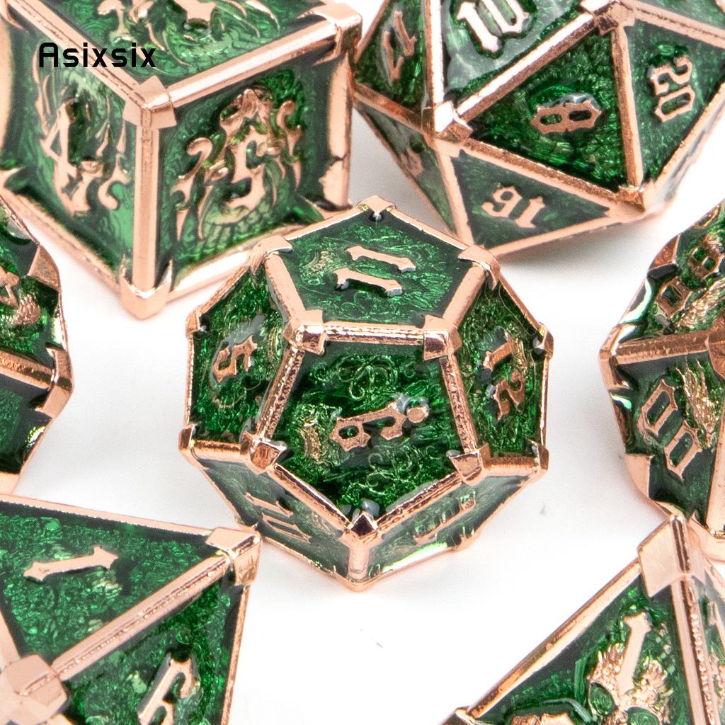 7 Pcs Green Golden Skull Metal Dice Solid Metal Polyhedral Dice Set Suitable for Role-Playing RPG Board Game Card Game