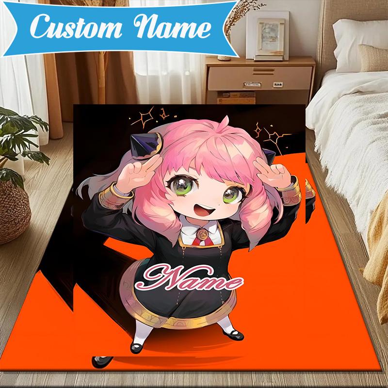 Custom Name Pink Hair Anime Anya Rug for Living Room, Game Rooms, Office, Bedroom, Floor Mat Playful Design, fan gifts Christmas decor