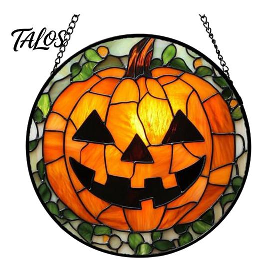 Waterproof Porch Decor Halloween Stained Glass Suncatcher Ornament, Vintage Hanging Window with Pumpkin Ghost Bat Witch Decorations Hat Pattern,