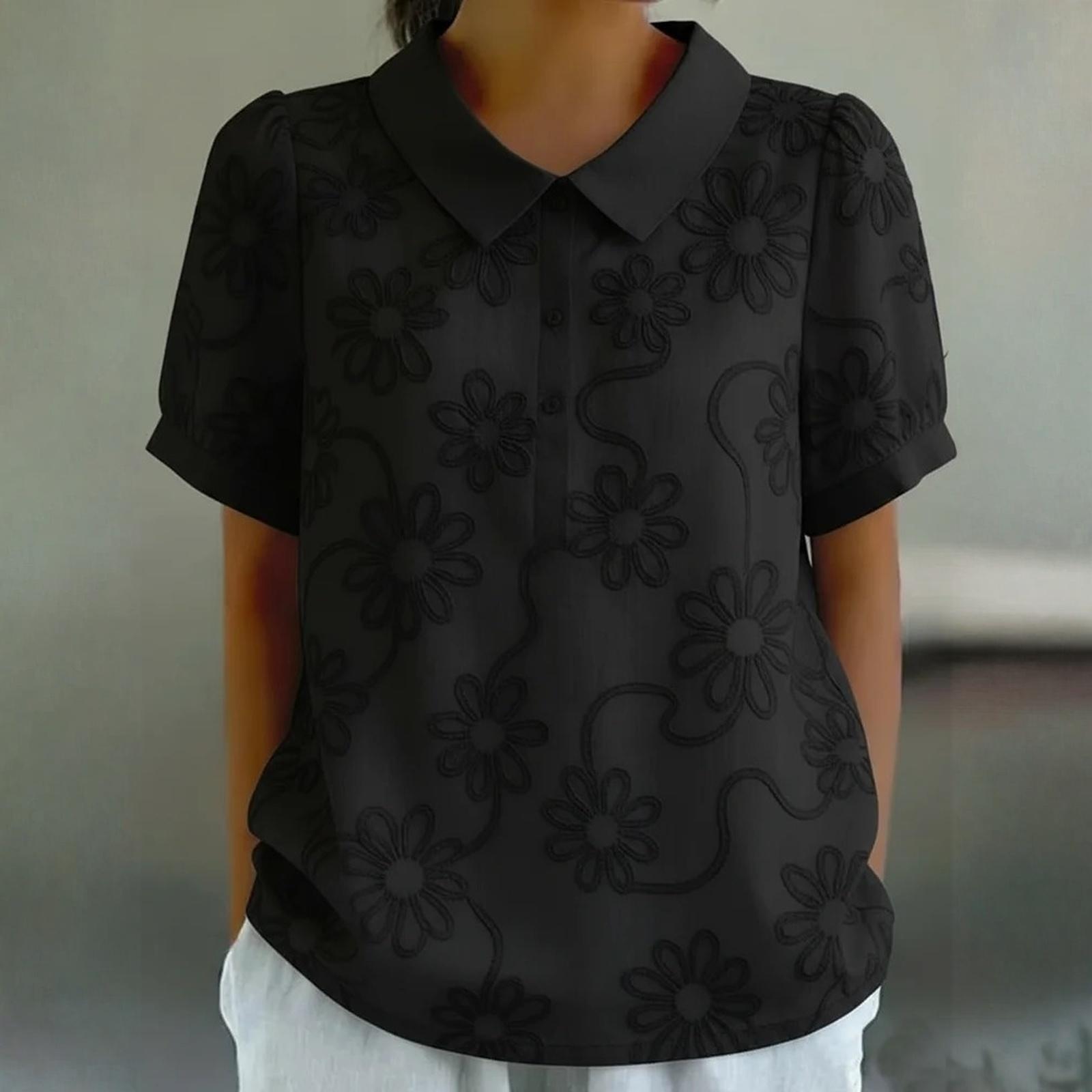 

Ladies Casual And Fashionable Short Sleeved Embroidered Shirt With A Lapel And Button Up Top L чёрный