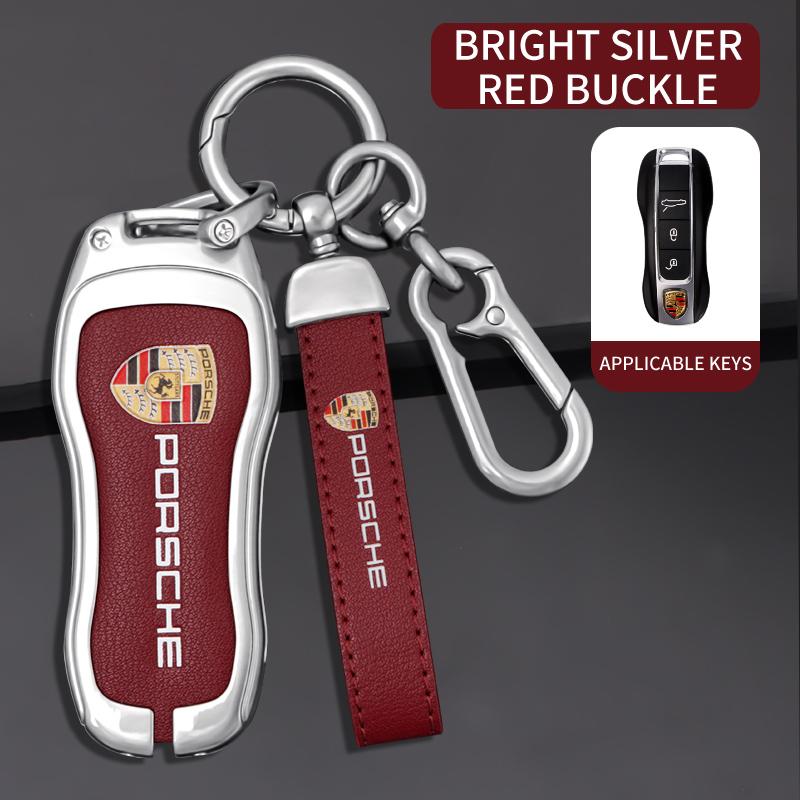 BMGB9 3 Buttons Zinc Alloy Leather Car Key Case Cover Key Shell For Porsche Cayenne Panamera Macan Cayman 718 911 Taycan Sticker