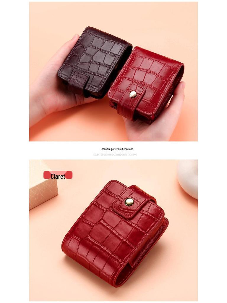 Crocodile Pattern Portable Cowhide Makeup & Coin Pouch with Mirror