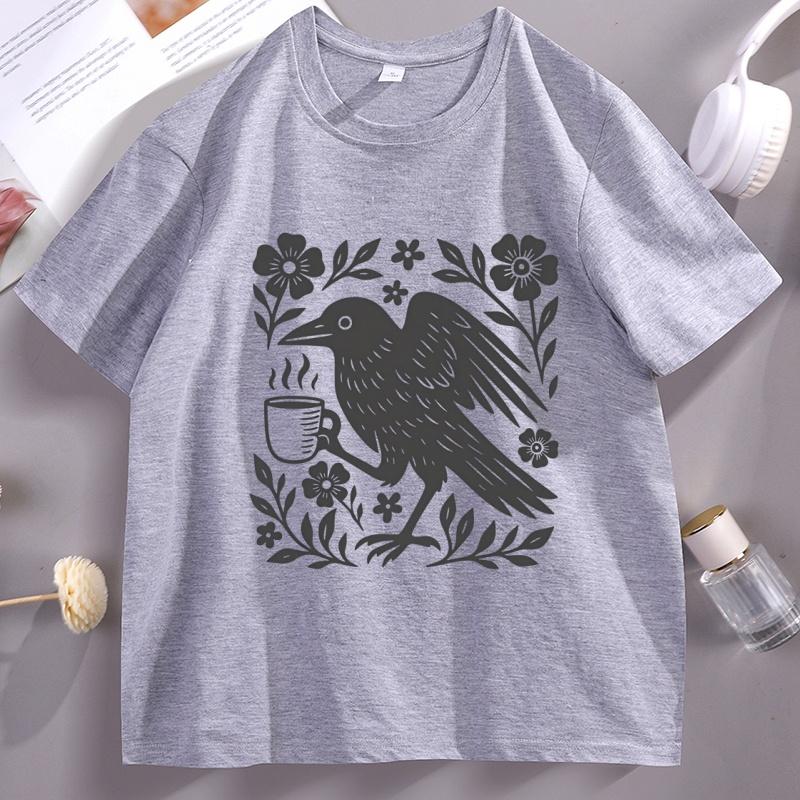Bohemianstyle Crow Tshirt Designed for Coffee Lovers Casual Shortsleeved Comfortable Round Neck Full of Street StyleYK