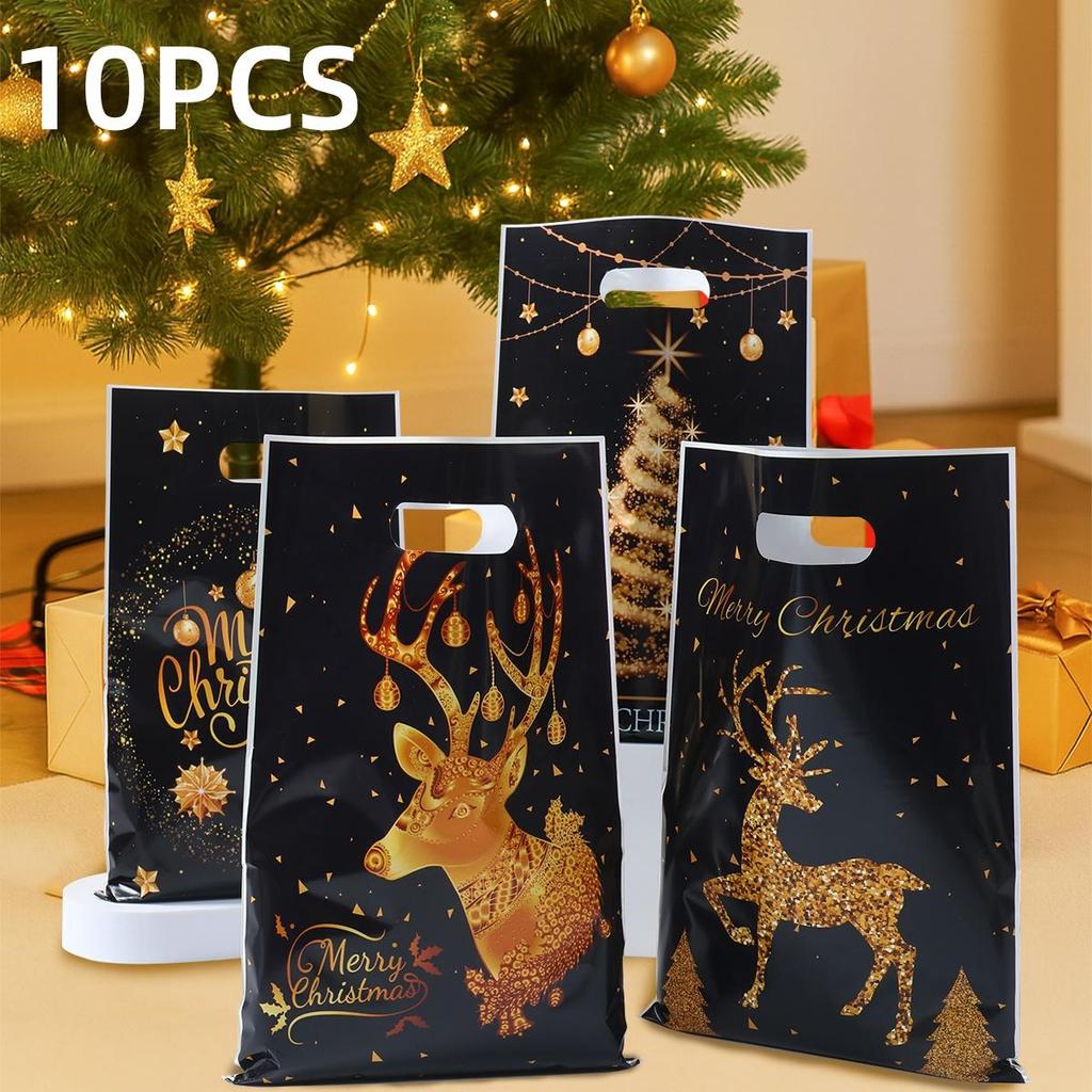 10PCS Mixed Golden Elk Christmas Series Party Gift Tote Bag OPP Glitter Gift Bag Candy Bag Plastic Gift Return Bag