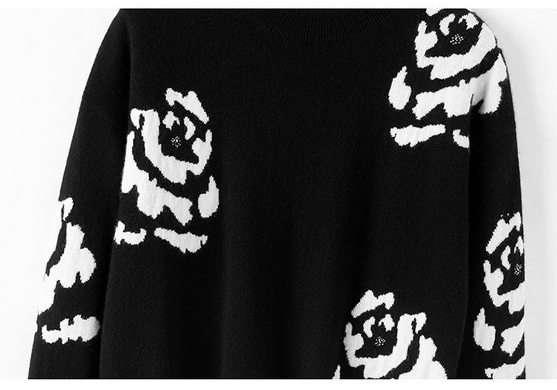 Women's Pure Cashmere Rose Color Block Round Neck Sweater