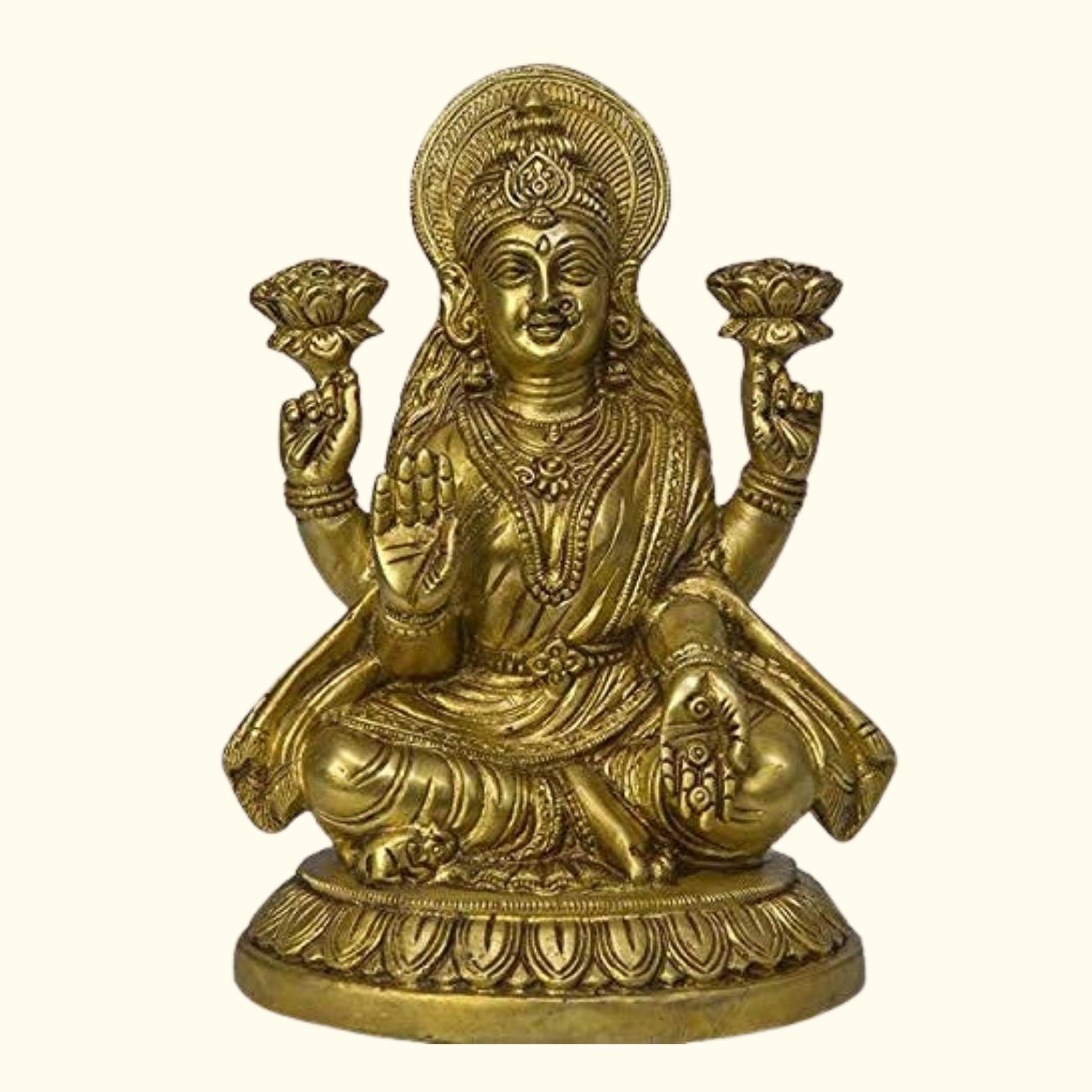 Идол Аштадхату Шри Маха Лакшми, Мурті Лакшми Маты из 8 Металлов, Латунь, Золото -13 см