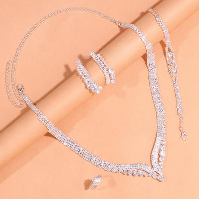 Yousheng 1 Set Women Jewelry Set Luxury Elegant Shiny Full Rhinestones Inlaid Sparkling Dress Up Gift Simple Bridal Necklace Bracelet Earrings Ring