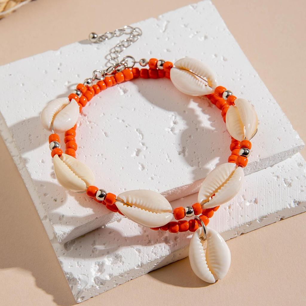 2pcs Fashionable and Simple Bohemian Beach Shell Rice Bead Foot Chain Women's Jewelry Colorful Foot Chain Accessories