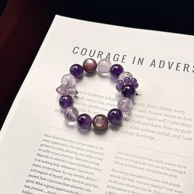 Handmade Natural Purple Amethyst Lepidolite Beaded Bracelet Women 14mm Round Elegant Boho Chic Style