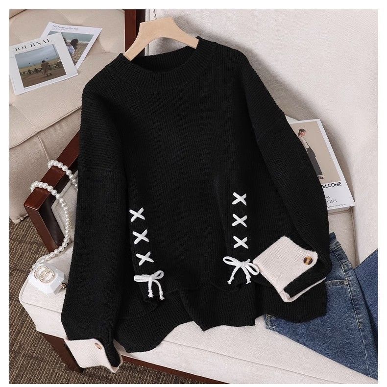 

YYFS Жіночі модні повсякденні светри з довгим рукавом і круглим вирізом із однотонним принтом осінь-зима L чорний