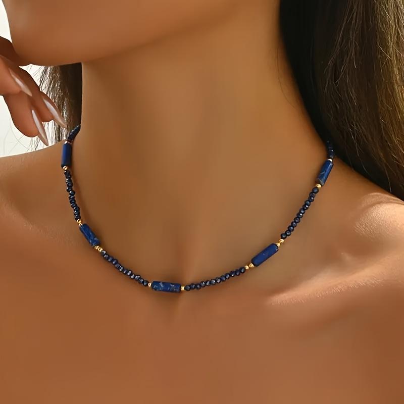 Women's Minimalist Natural Stone Handmade Beaded Necklace, French Luxury Style Simple Blue Crystal Beaded Necklace