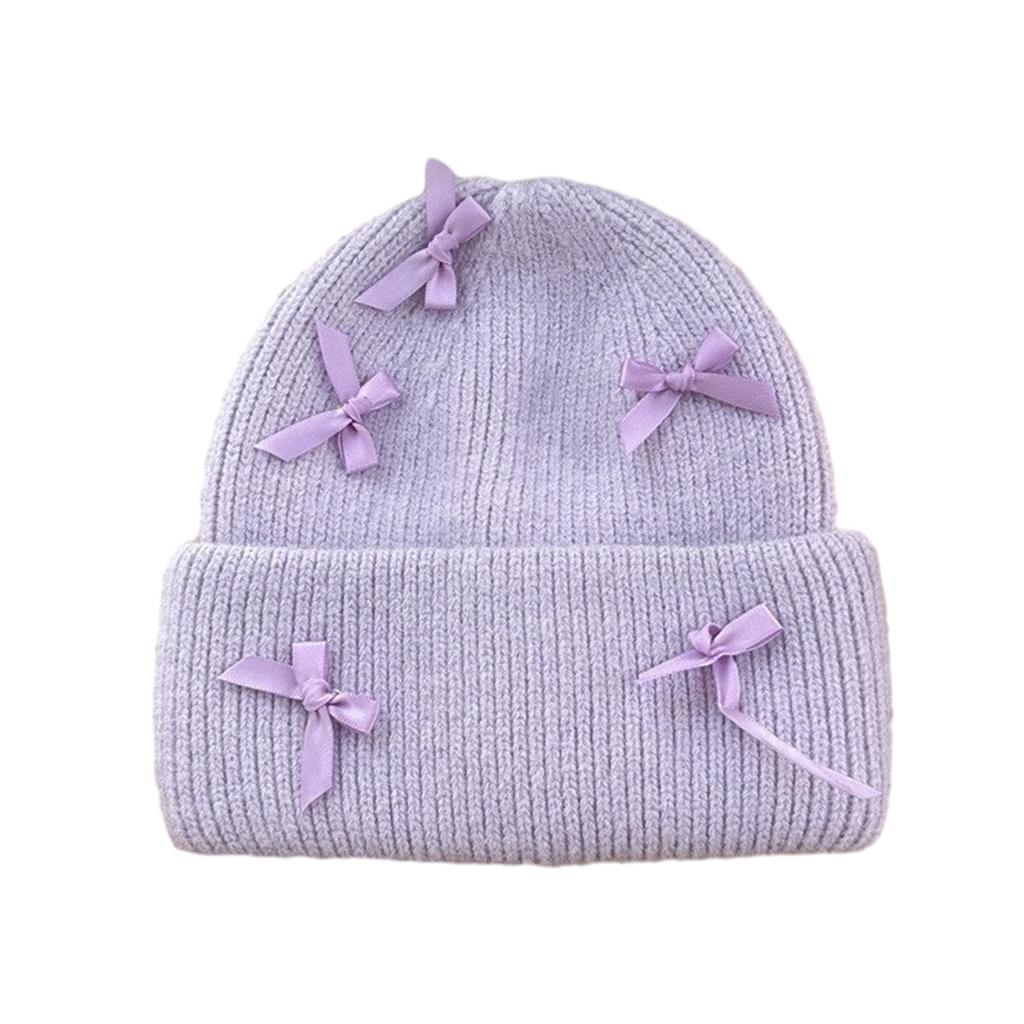 Cute Bowknot Decor Beanie Adult Elastic Hat Winter Warmer Knitted Hat Cold Winter Presents for Students Teenagers