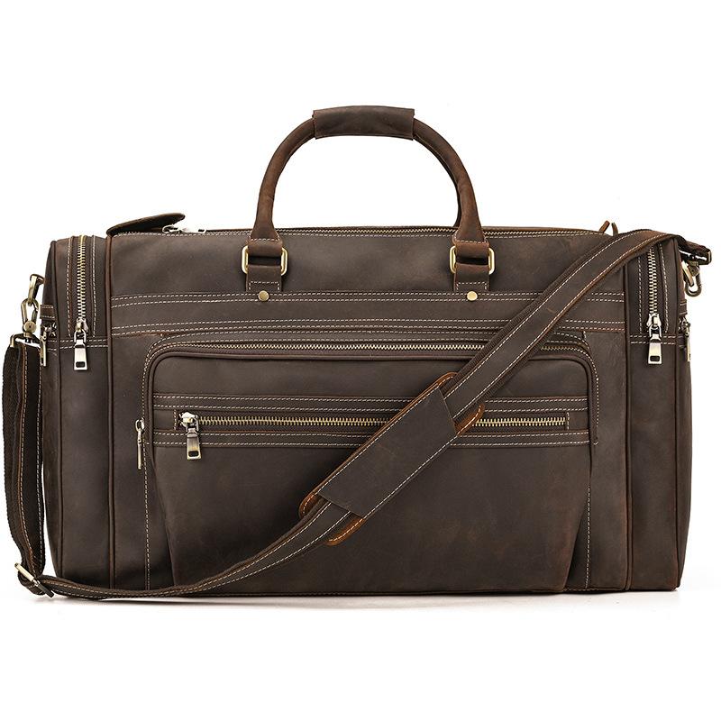 

Exlarge Mens Crazy Horse leather Weekend Bag 22 Genuine Leather Travel Duffle Large Vintage Cowhide Zipper Bag Luggage Tote Bag темно-коричневого кольору
