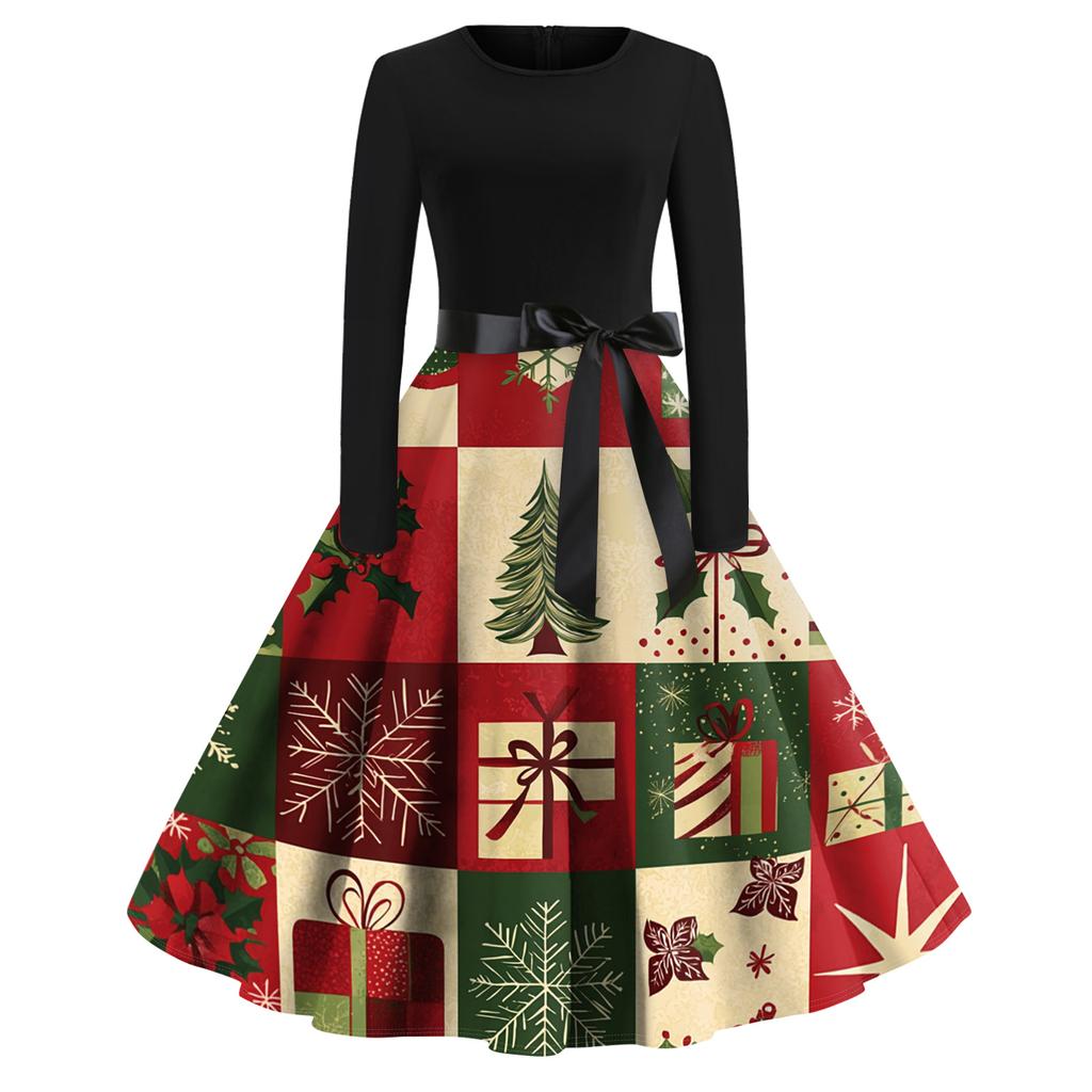 Women's Fashion Round Casual Slim Fit Christmas Print Large Swing Long Sleeve Dress