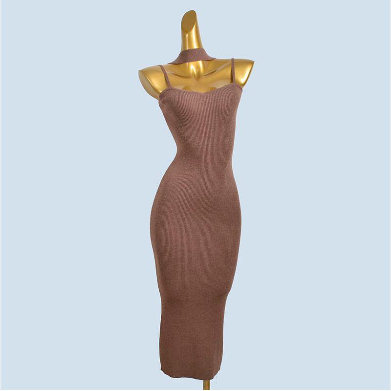 from Cupboard Halterneck with Suspenders Women's French Style Temperament Six Wool Sexy Spring & Fall New Arrival Long Dress Knitted Base Skirt