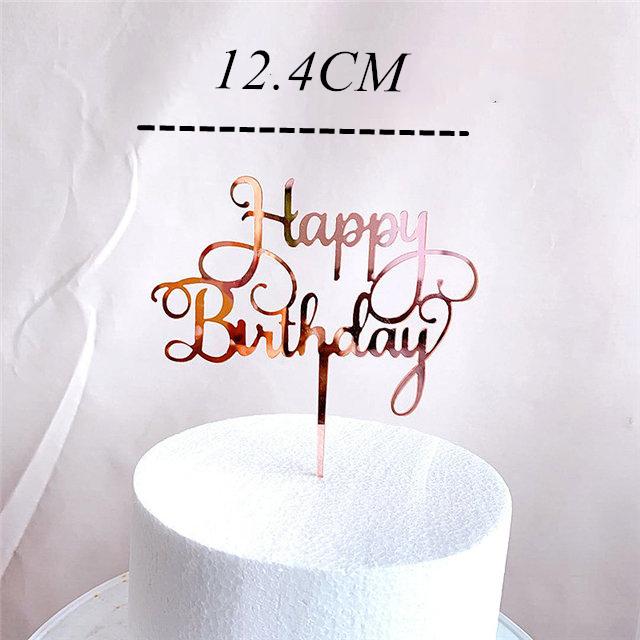 Neuer farbiger Blumen Happy Birthday Tortenaufsatz Goldener Acryl Geburtstagsparty Dessert Dekoration für Babyparty Backzubehör