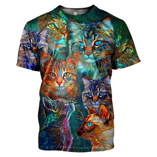 Fun Cat Pattern T-Shirt For Men Colorful Cartoon Animals 3D Print T Shirts Summer Loose Street Tops Round Neck Short Sleeve Tees