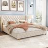 Upholstered Bed 180*200cm with Slatted Frame and Headboard, Button Tufting, Stud Upholstery, Wooden Legs, Linen, Beige