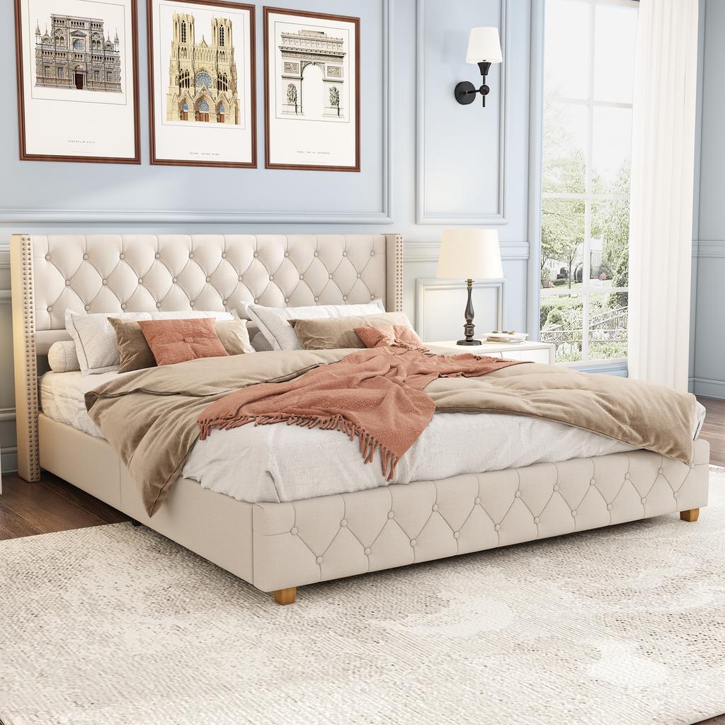 Upholstered Bed 180*200cm with Slatted Frame and Headboard, Button Tufting, Stud Upholstery, Wooden Legs, Linen, Beige