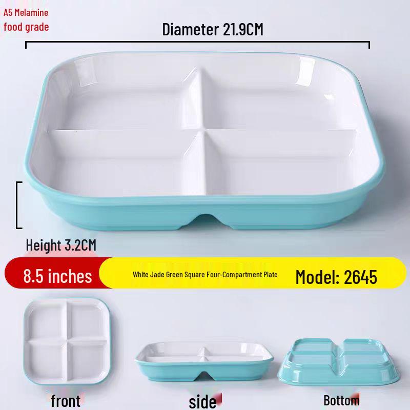 Four-Compartment Melamine Square Plate for Fast Food & Salads.