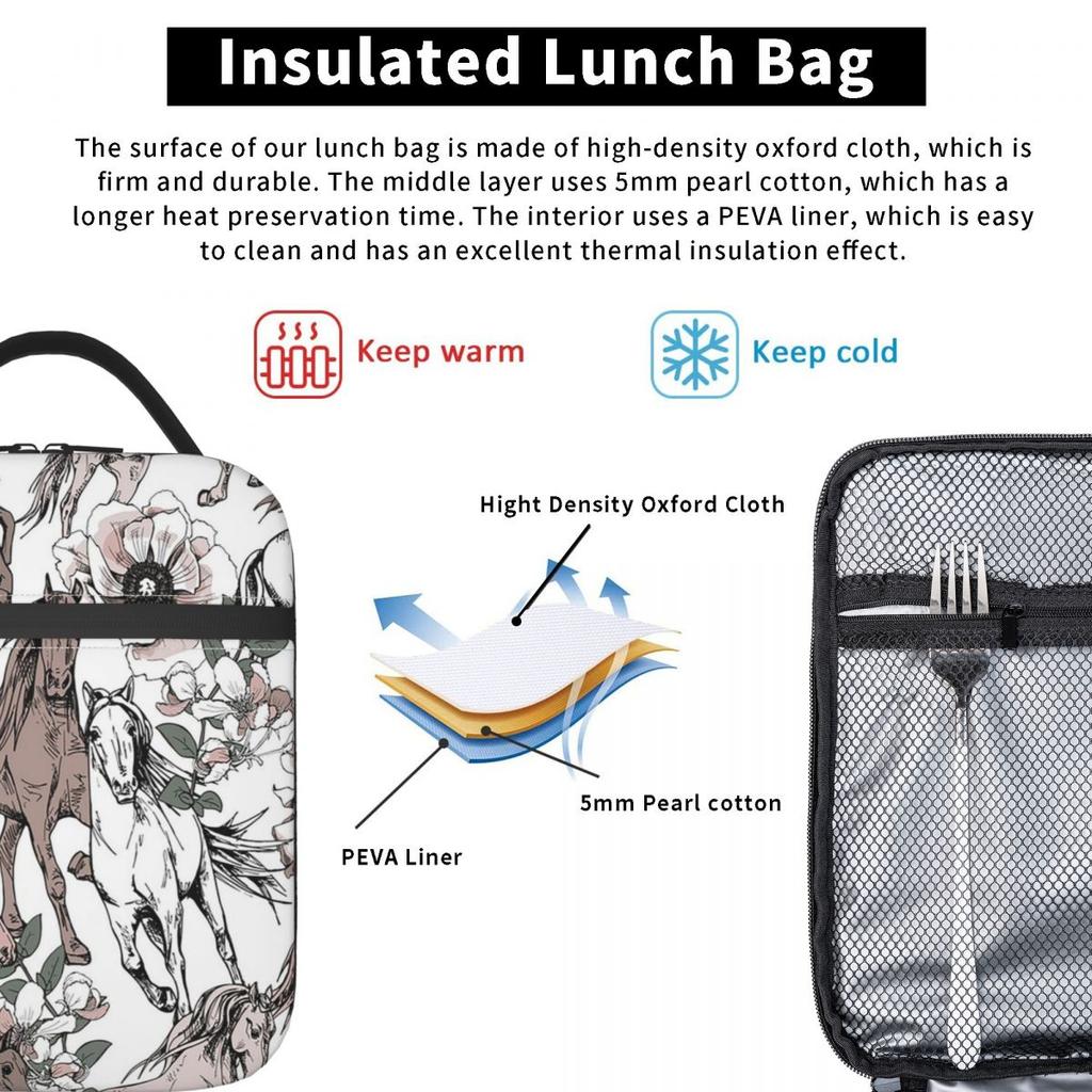 Frische Blume Wildpferd Isolierte Lunchtasche für Damen Büro Kühltasche Thermische Lebensmittelbox Tragetasche Auslaufsicherer Lunchbox-Behälter