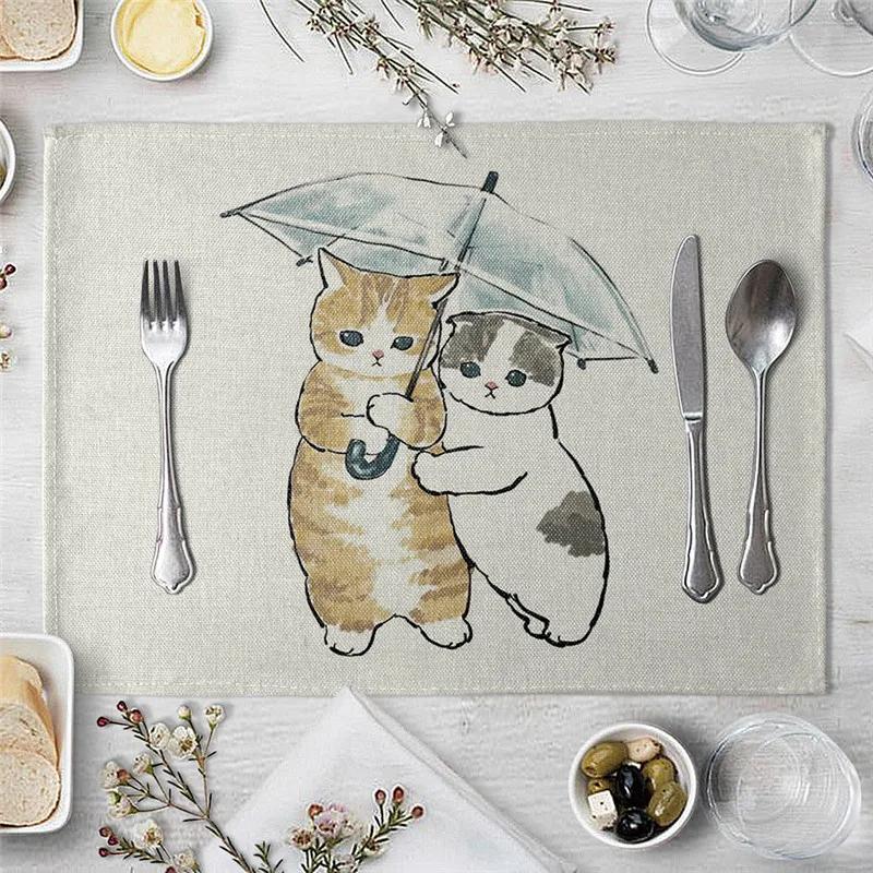 Mantel Individual Para Mesa de Comedor Lindo Gato Dibujo Animado Animal Estera Posavasos Creativo Estampado Resistente al Calor Accesorios de Cocina Comedor Almohadilla Caliente