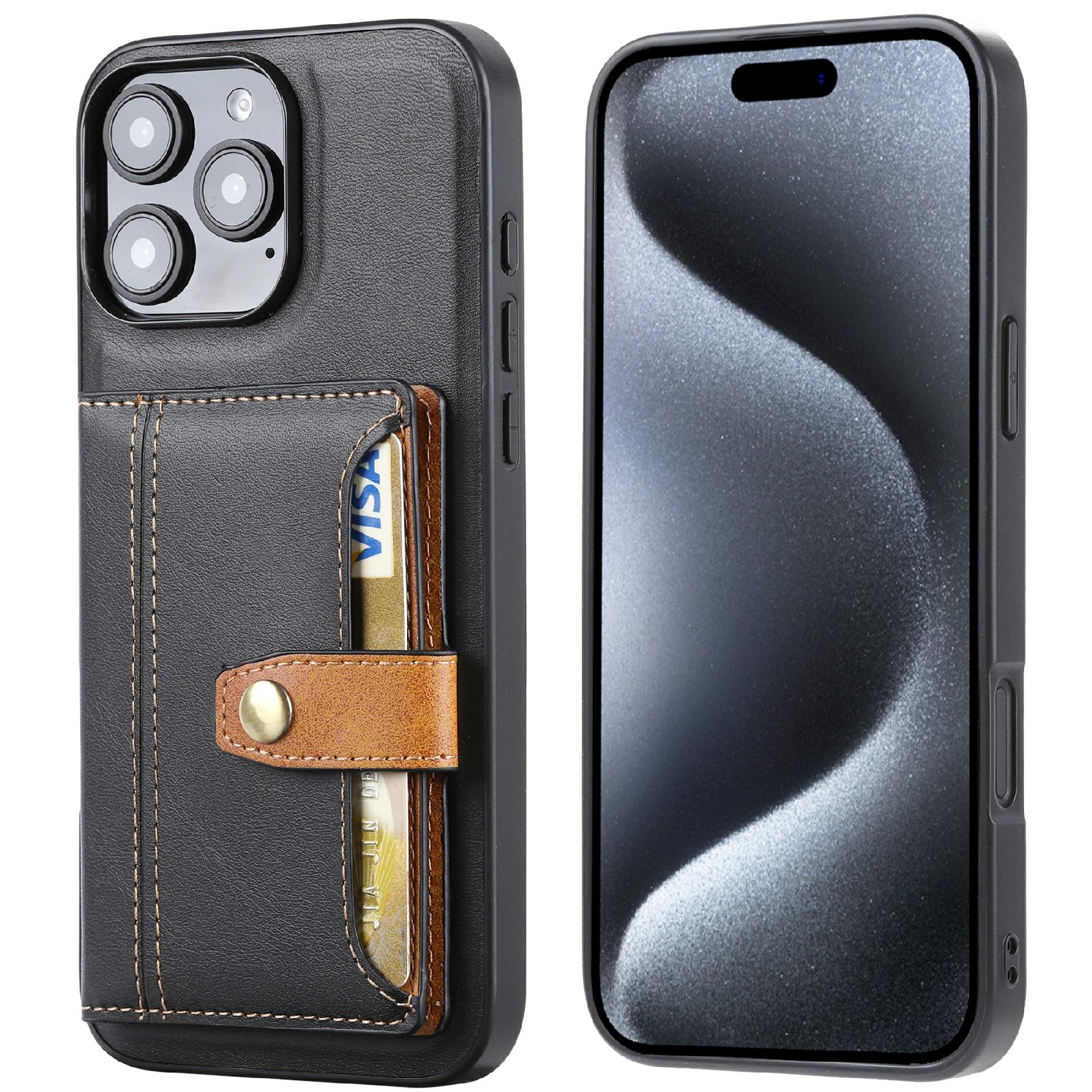 

For iPhone 16 Pro Case Card Holder PU Leather+TPU Kicsktand Phone Cover Black