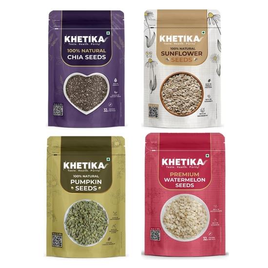 Khetika Комбо съедобных семян 800 г, Семена чиа + Семена подсолнечника + Семена тыквы + Семена арбуза, Смесь суперфудов для здорового питания (200 г, каждый)