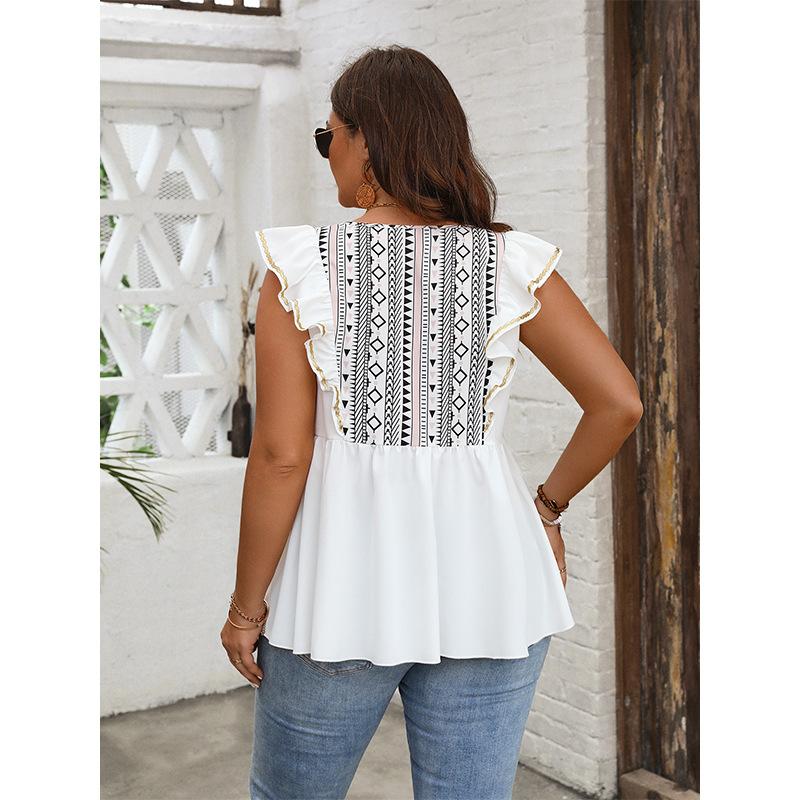 Women's Plus Size Summer New Baggy Slim Ruffled Patchwork Shirt
